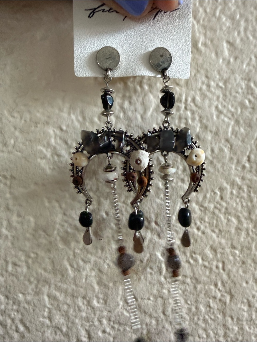 Free People Black and Silver Boho Beaded Dangle Earrings